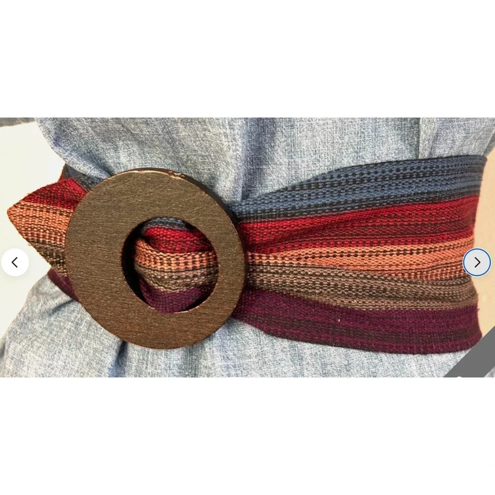 Bohemian MultiColor Woven Belt M Round Wooden Buckle Hippie Festival Wide Cinch